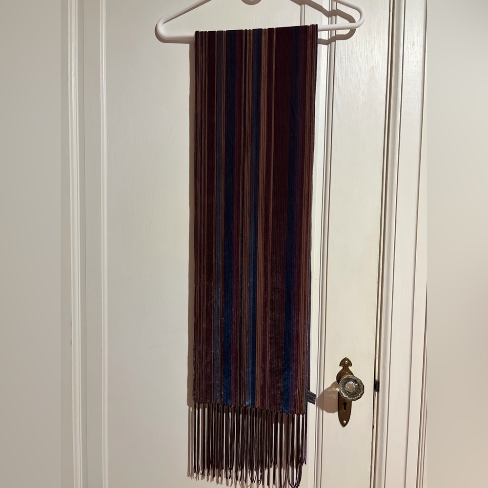 V. FRAAS Vintage Silk Velvet Striped Scarf with Tassels Brown Blue Purple - OS